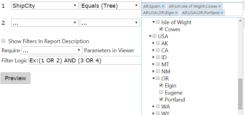 Using an Equals(Tree) filter to select multiple values at different levels of a hierarchy.